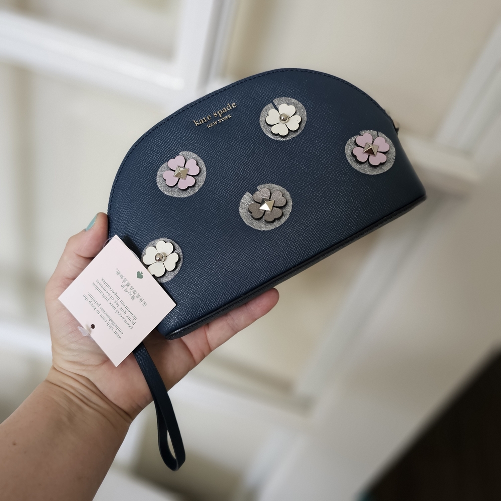 Kate Spade New York Cameron Flower Appliqué Studded Dome Cosmetic Make Up Bag